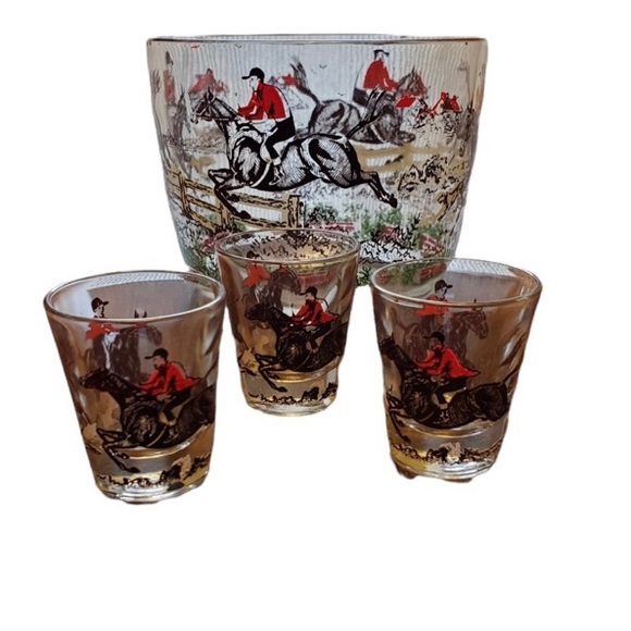 Pyrex Dining Vintage Hazel Atlas Equestrian Fox Hunt Glass Ice